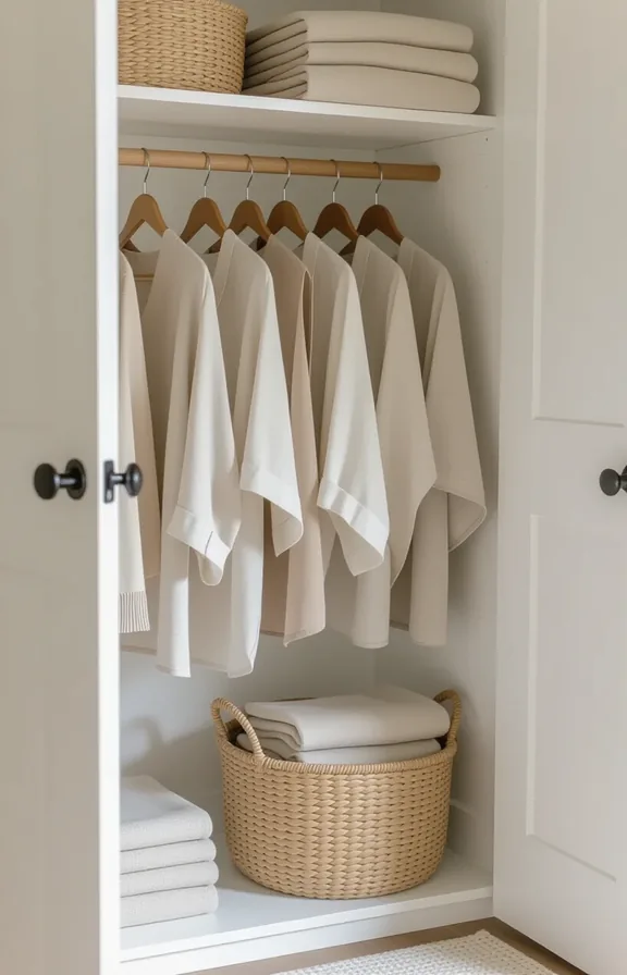 medium shot inside shallow closet. Natural linen garments