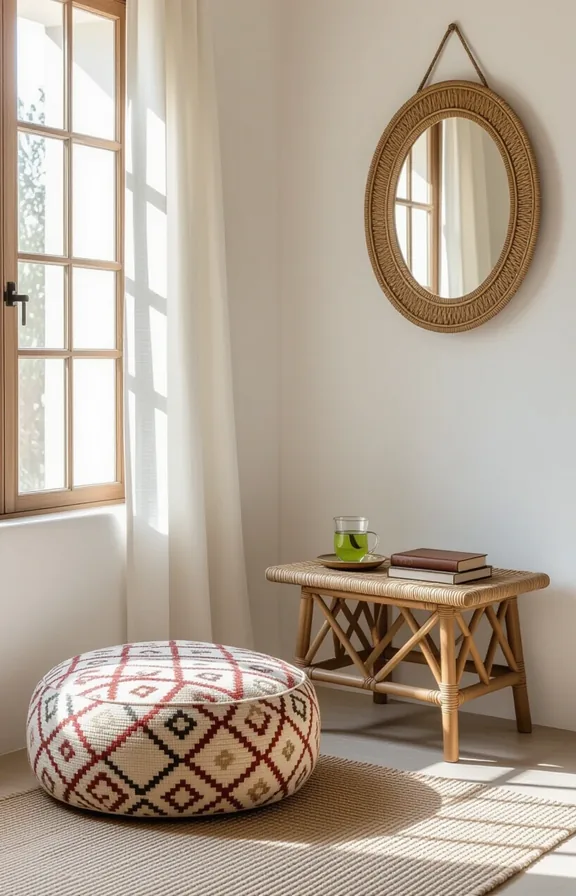 Eye-level view cozy corner window. low pouf patterned