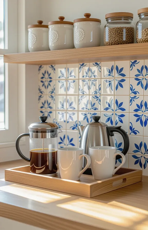 Three-quarter view compact kitchen counter area. small wooden