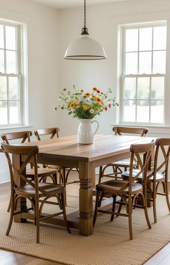 Wide shot dining area medium-sized room. long rustic