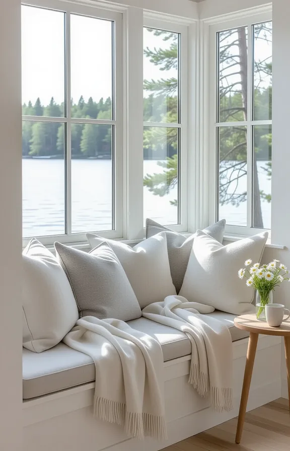Eye-level view built-in freestanding window seat nook. The