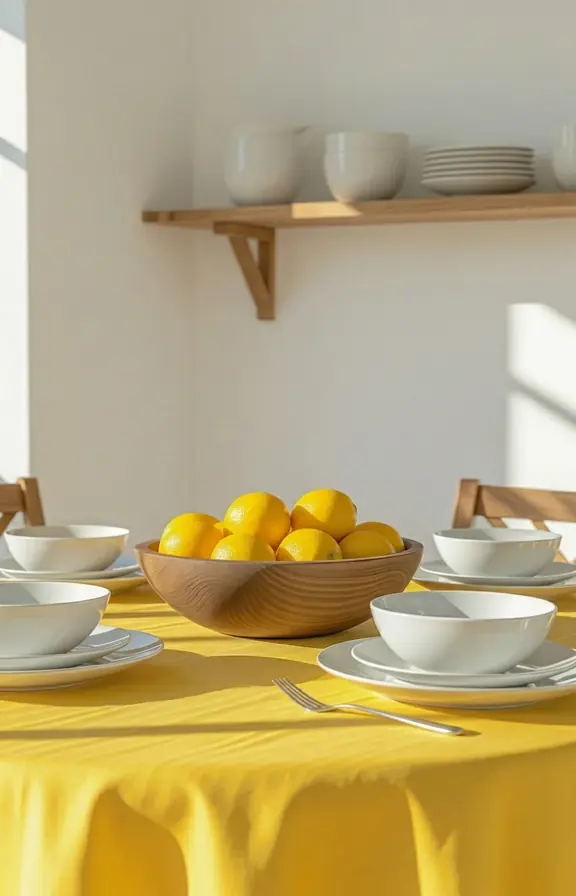 Three-quarter view small kitchen table. yellow linen tablecloth