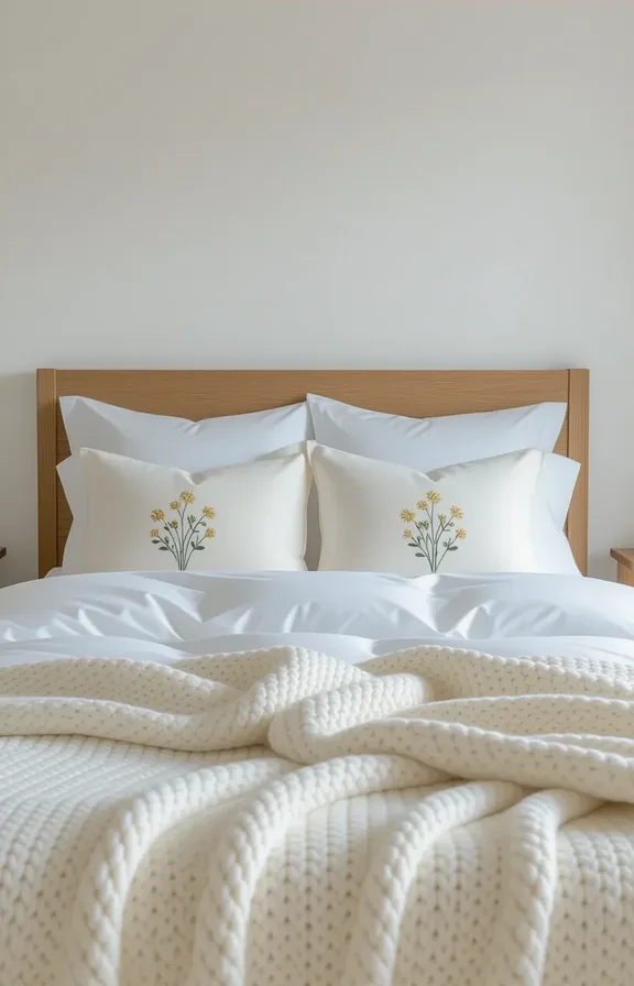 Medium shot focusing neatly made double bed. The