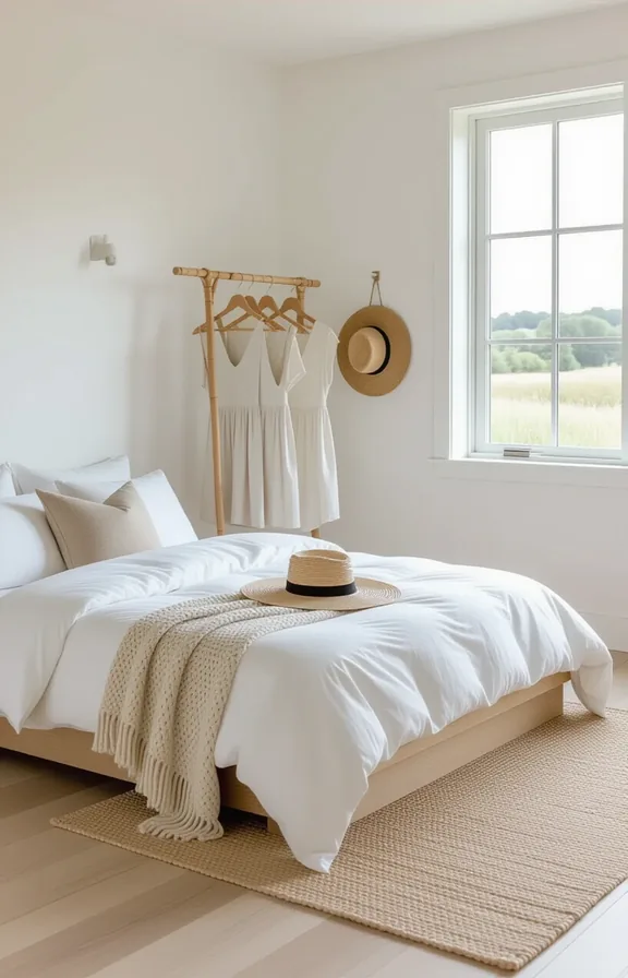 Eye-level view medium-sized bedroom. low platform bed with