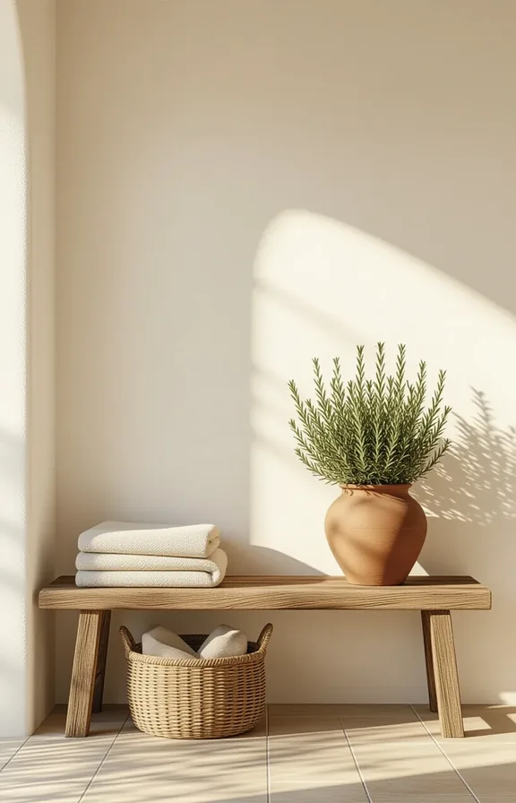 Three-quarter view small entryway space. rustic wooden bench