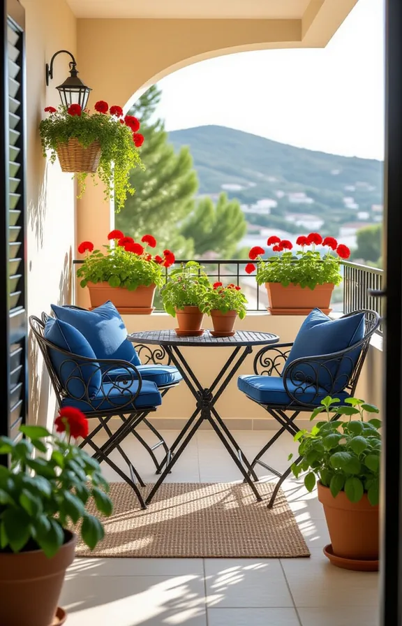 Eye-level view small balcony corner. folding bistro set