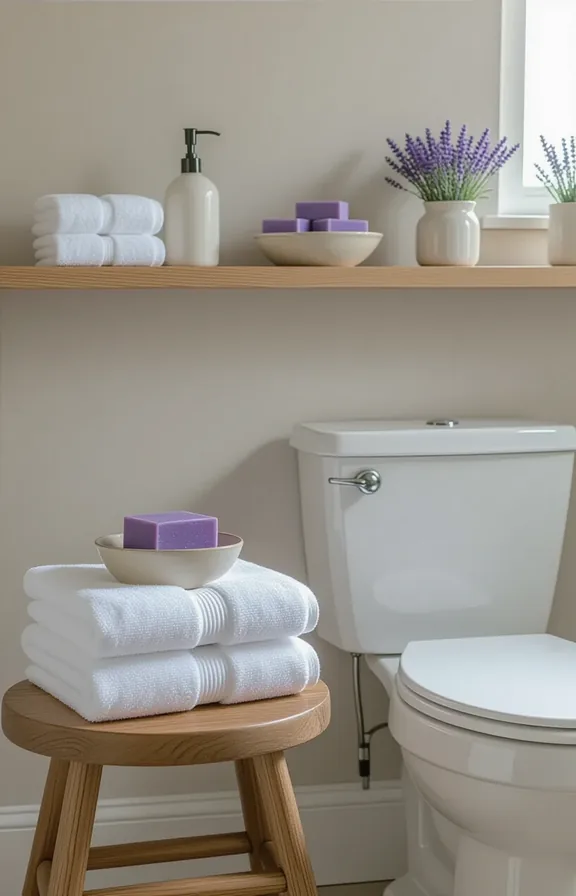 Medium shot simple bathroom vanity. wooden stool holds