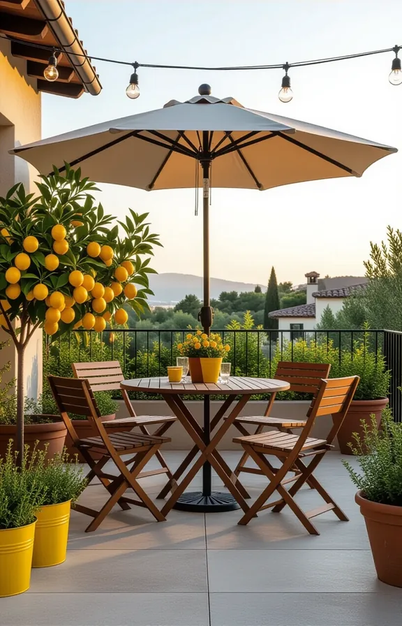 Three-quarter view small concrete patio area. folding wooden