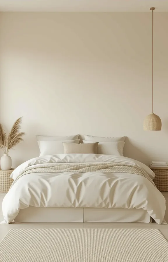simple bedroom with neutral linen duvet low platform