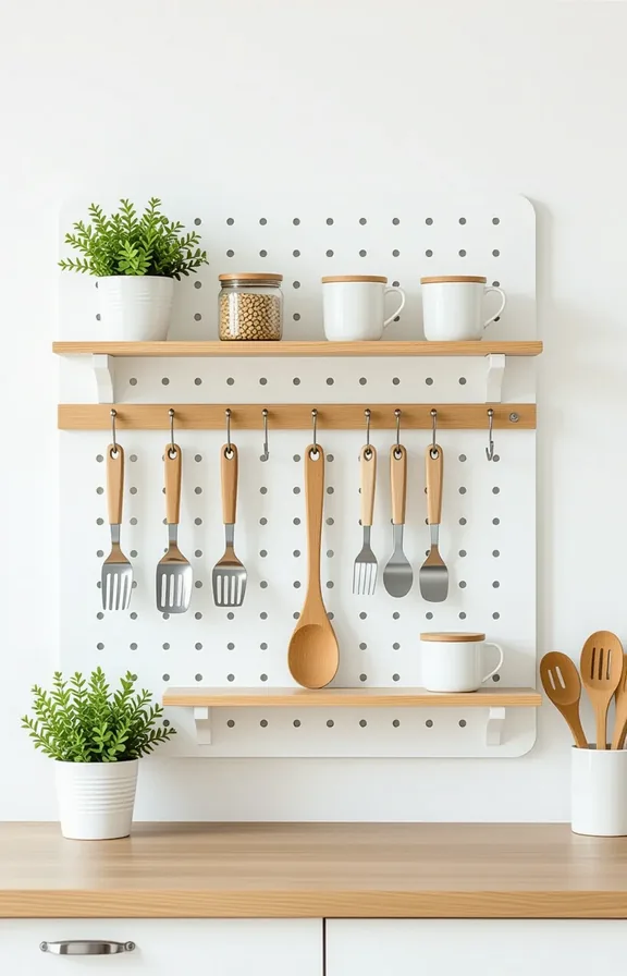 large white painted pegboard mounted with removable hooks
