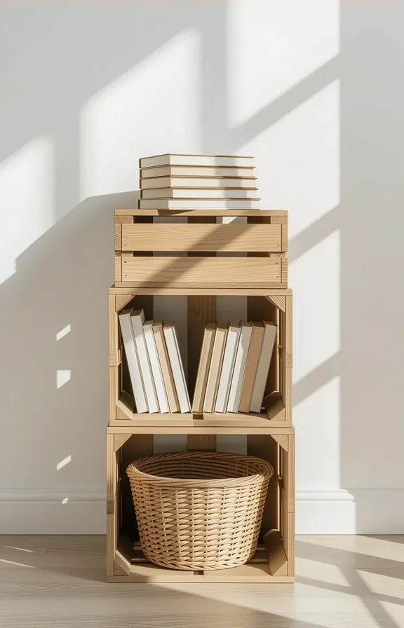 Medium shot stack three wooden crates turned their