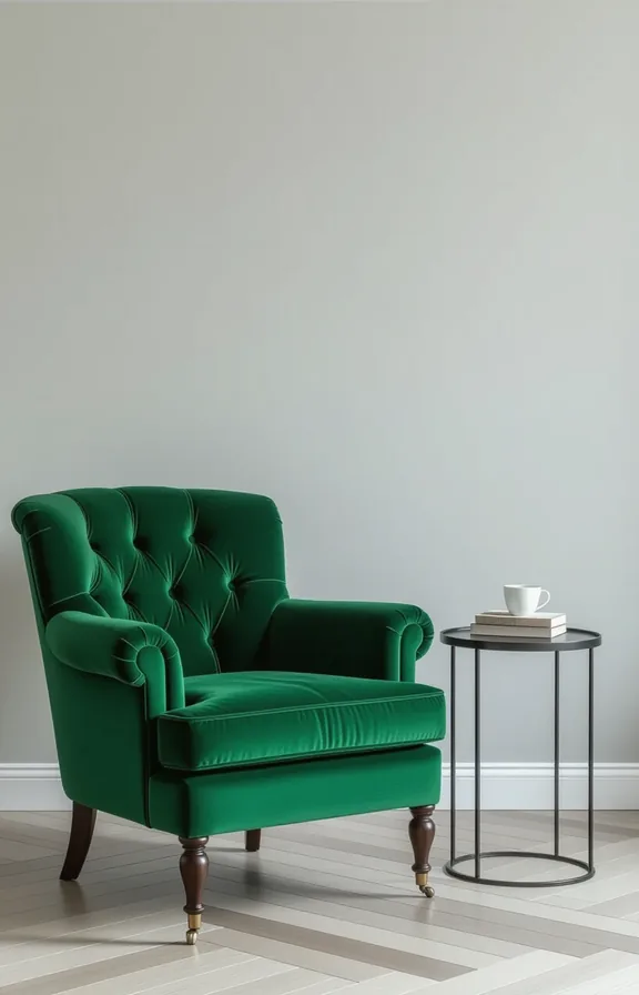 Three-quarter view single vintage-style armchair deep velvet emerald