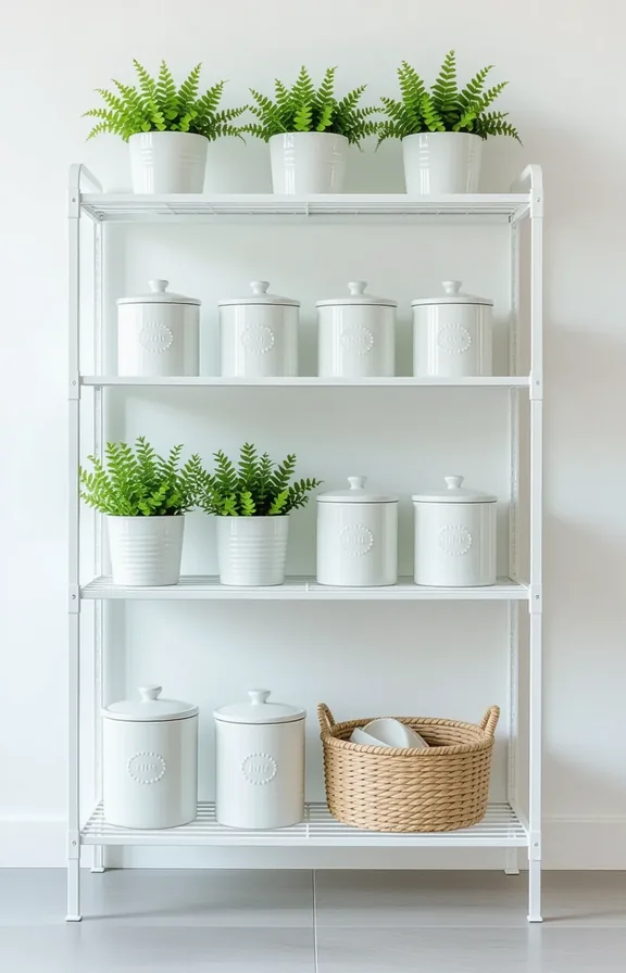 freestanding white metal open shelving unit kitchen styled