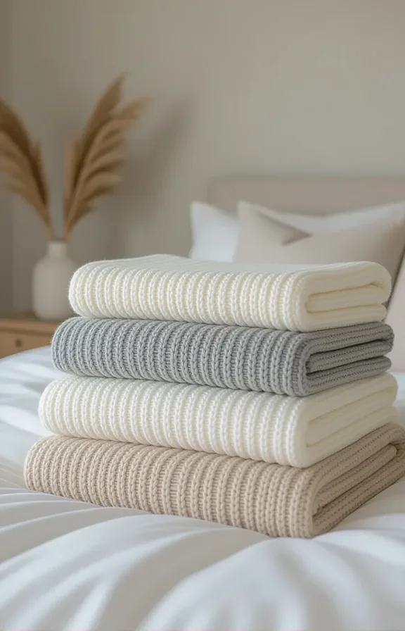 Medium shot neat stack three textured throw blankets