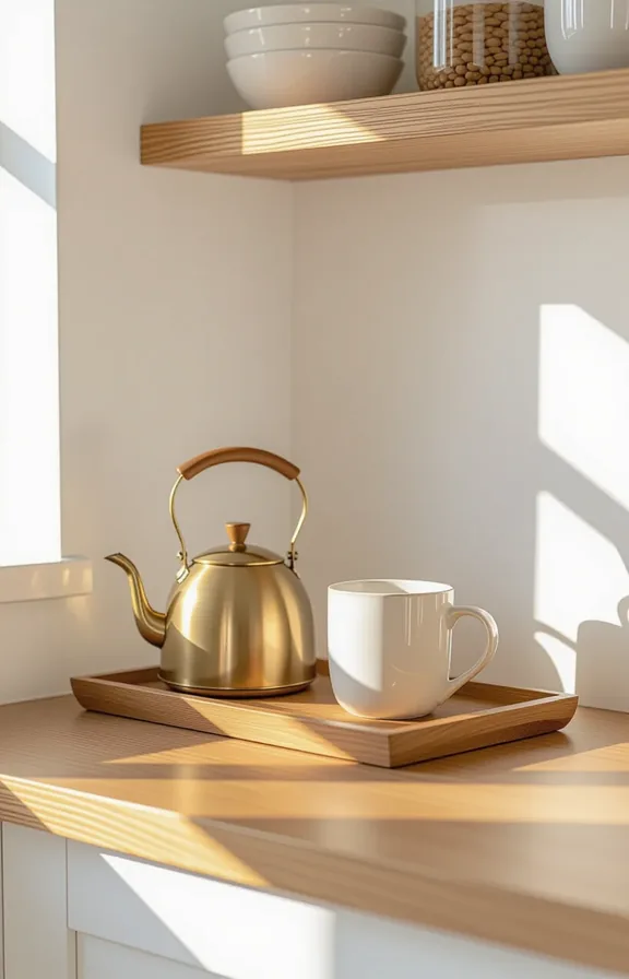 Medium shot small kitchen counter corner styled coffee