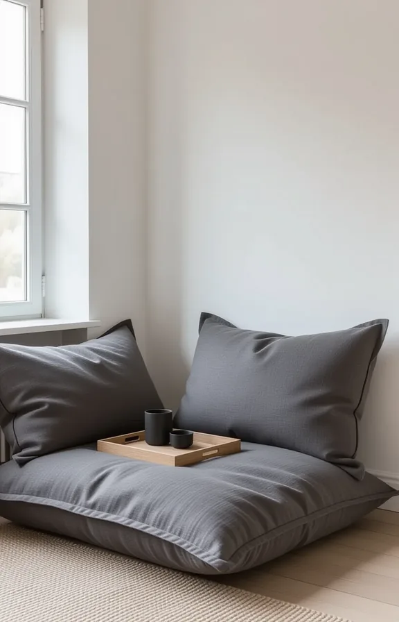 two large floor cushions soft charcoal grey linen
