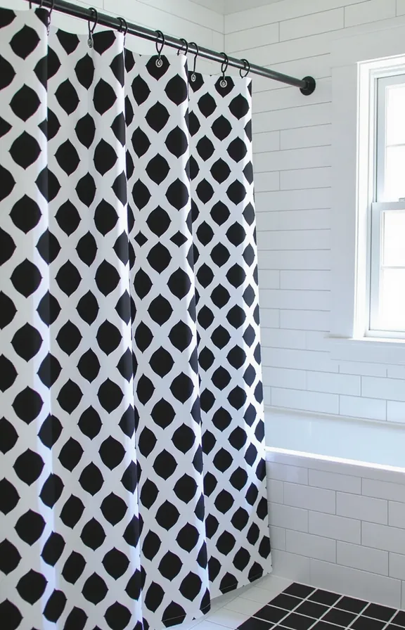 Medium shot crisp white bathroom with single patterned