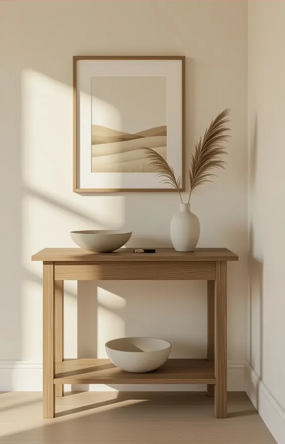 Three-quarter view small entryway table with shallow bowl