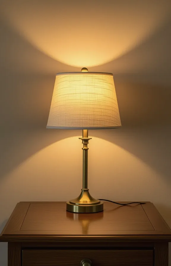 Close medium shot single small brass table lamp