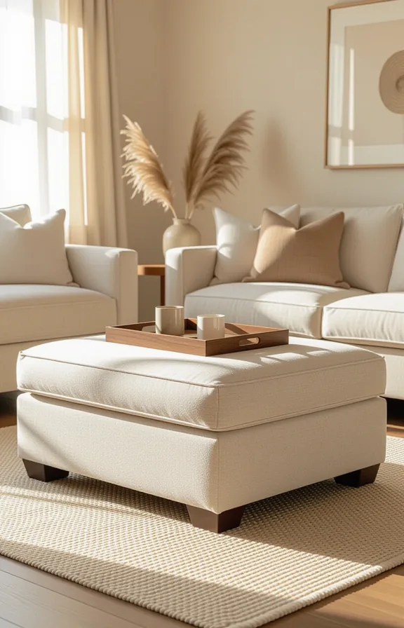 Medium shot large sturdy ottoman neutral fabric functioning