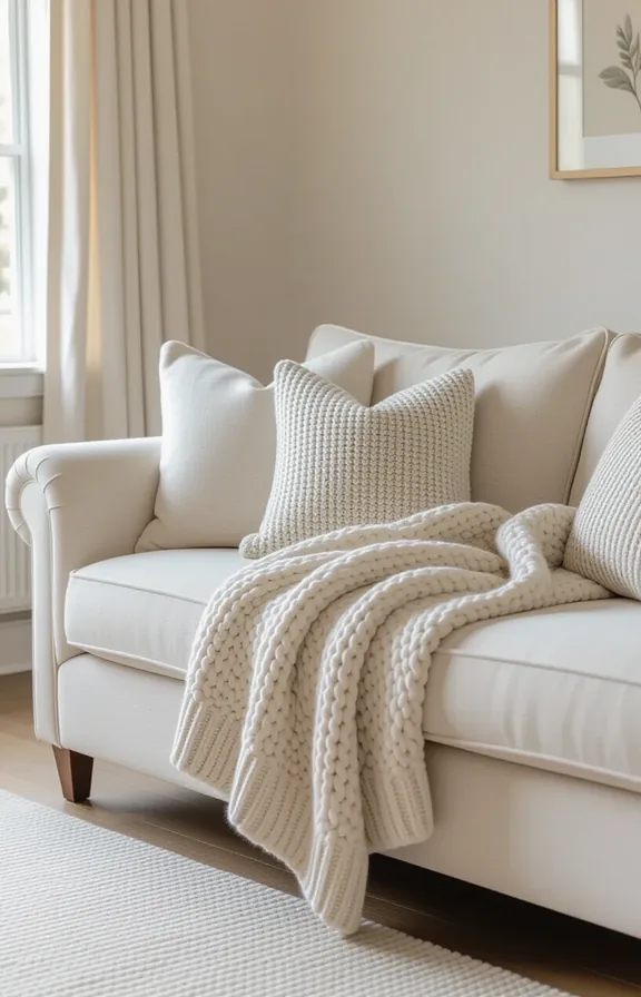 Medium wide shot comfortable sofa medium-textured cream fabric