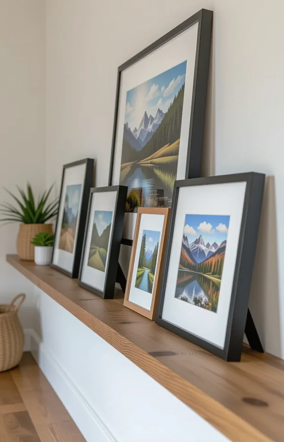 collection framed art and photos leaning long shallow