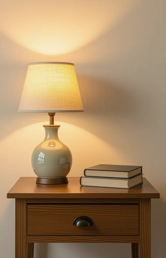 Close medium shot simple wooden nightstand with small