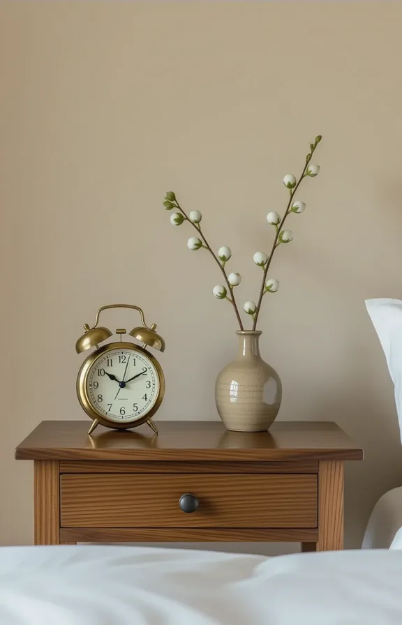 Overhead three-quarter view clean small wooden nightstand surface