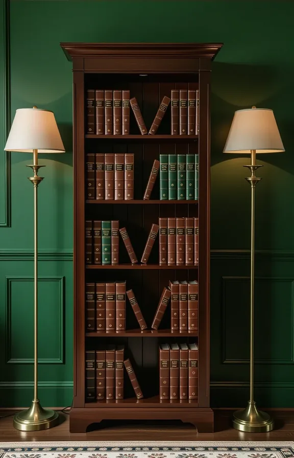 Three-quarter view freestanding dark wood bookcase against deep
