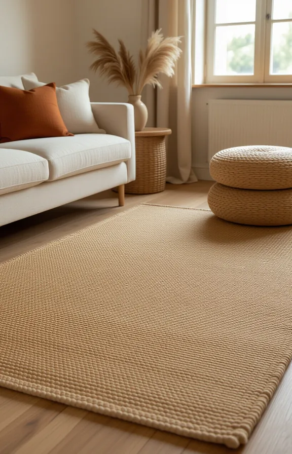 Medium shot large natural jute rug layered over