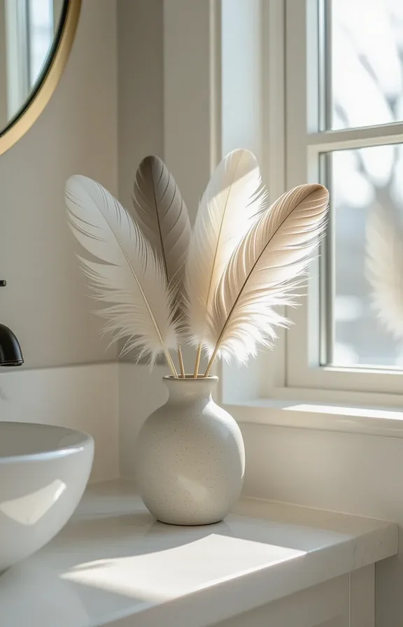 collection neutral-toned feathers standing upright narrow stoneware vessel