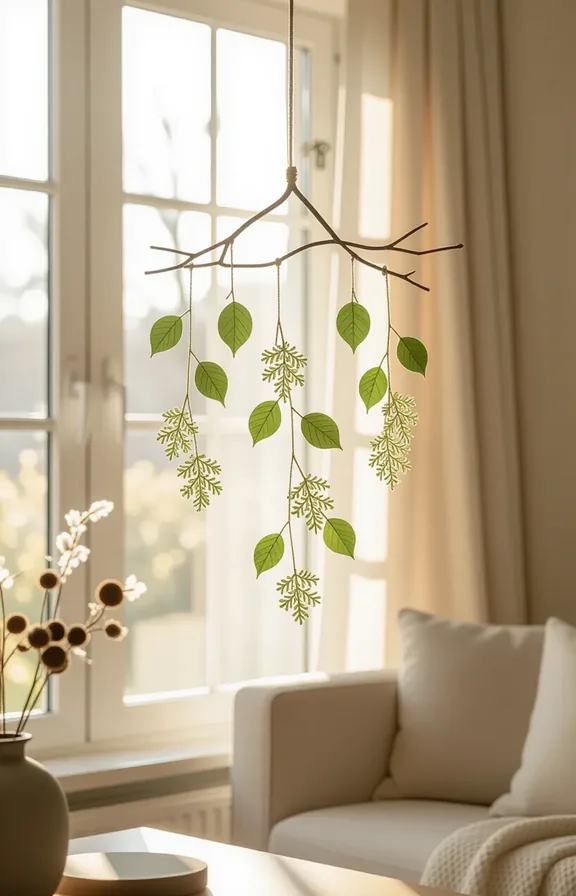 Medium shot simple branch mobile with hanging pieces