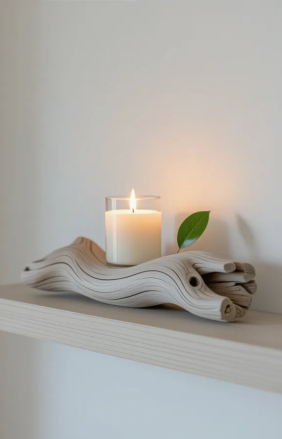 Three-quarters view weathered piece driftwood styled with small