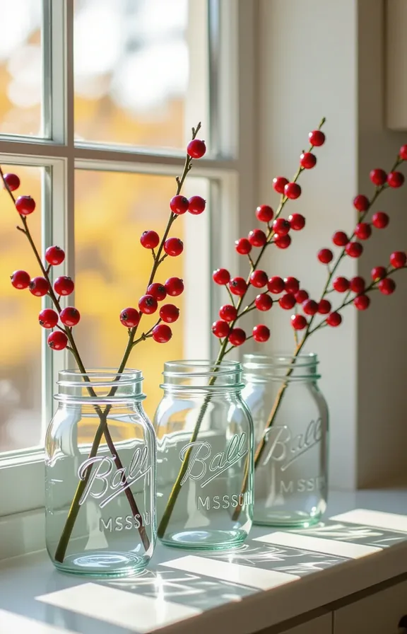 Medium shot trio clear glass mason jars holding