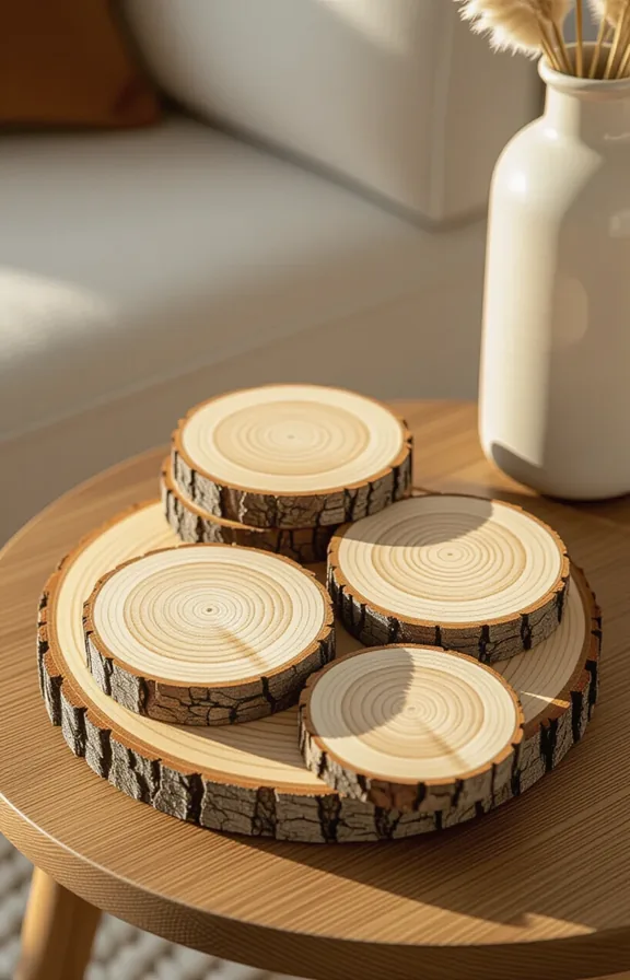 Overhead three-quarters view set four wood slice coasters