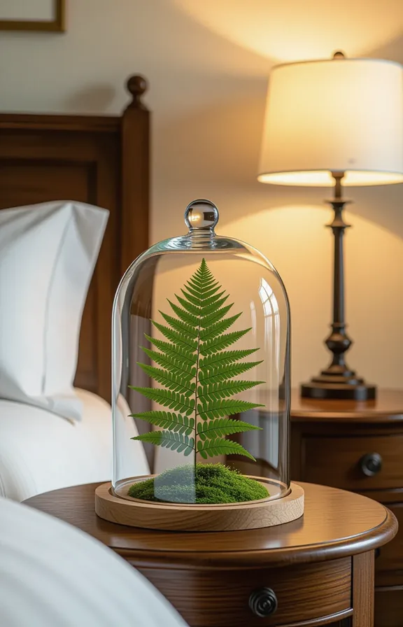 single large preserved fern under clear glass cloche