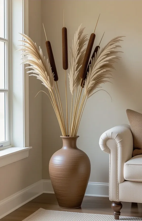 Three-quarters view tall vase holding bundle dried cattail