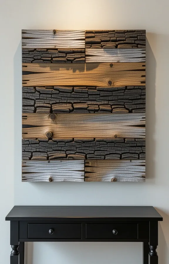 Medium shot rectangular panel layered weathered tree bark