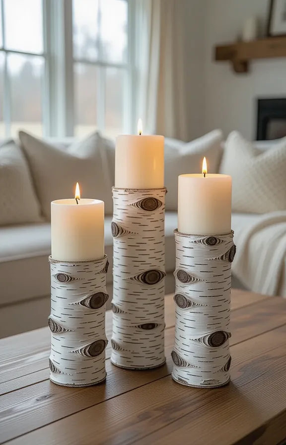 Medium shot three birch bark-wrapped branches varying heights