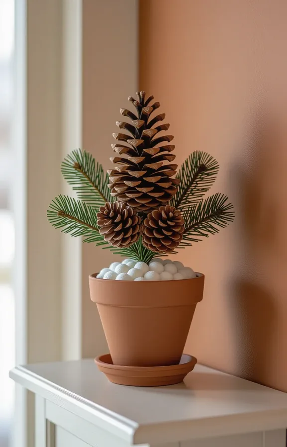 terracotta pot filled with foam holds foraged pinecone