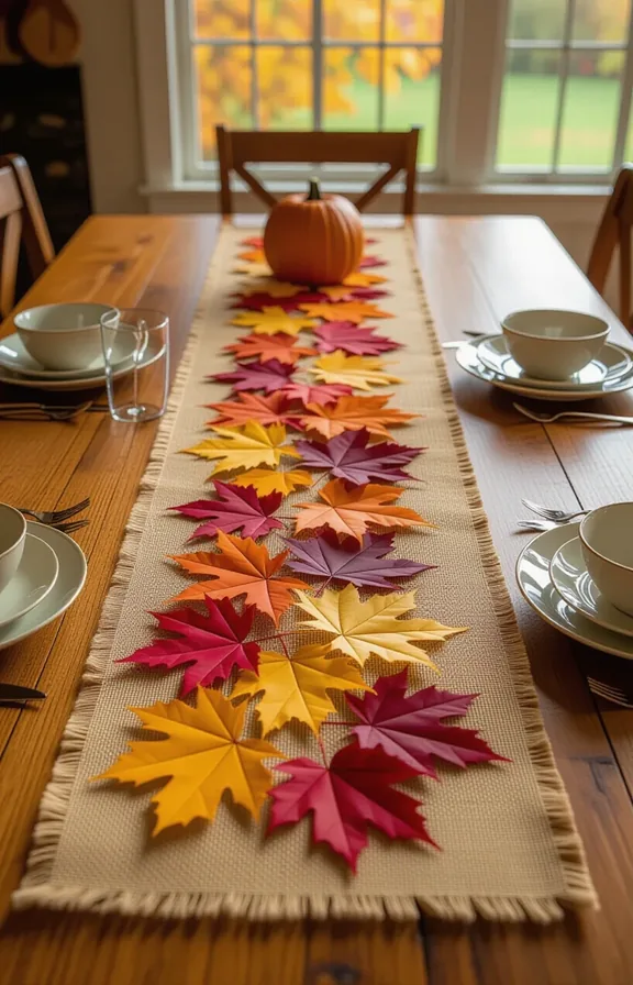 Three-quarters view long table runner made preserved autumn