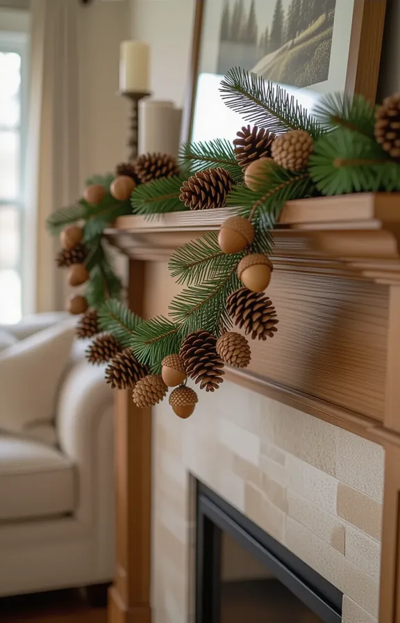 Medium shot delicate garland acorns and small pinecones