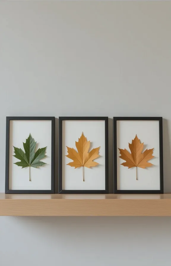 three simple black frames containing pressed maple and oak leaves displayed on an apartment wall