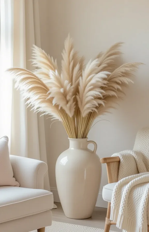 Three-quarters view large ceramic vase holding full fluffy