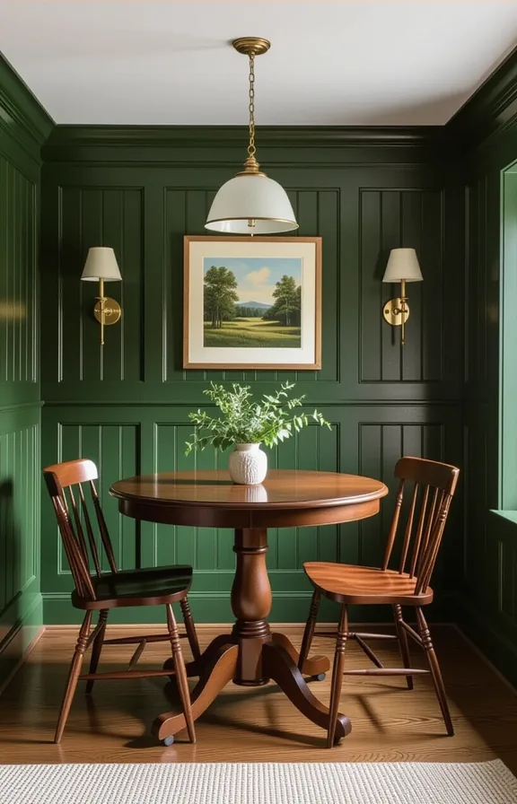 compact dining room with traditional wood beadboard wainscoting