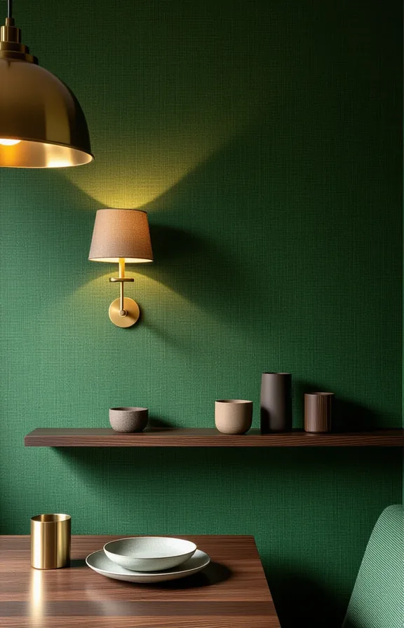 Close medium shot textured forest green grasscloth wallpaper