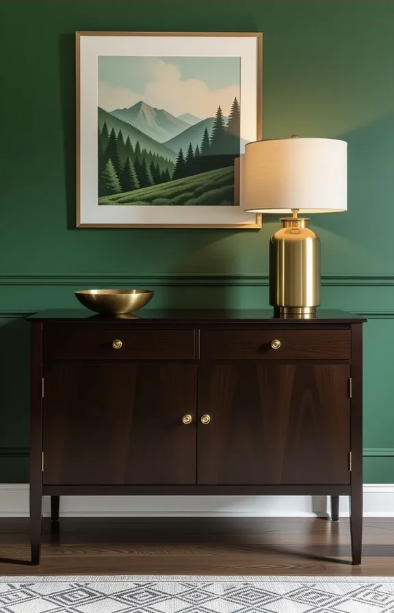 3/4 view shot slender freestanding dark wood buffet