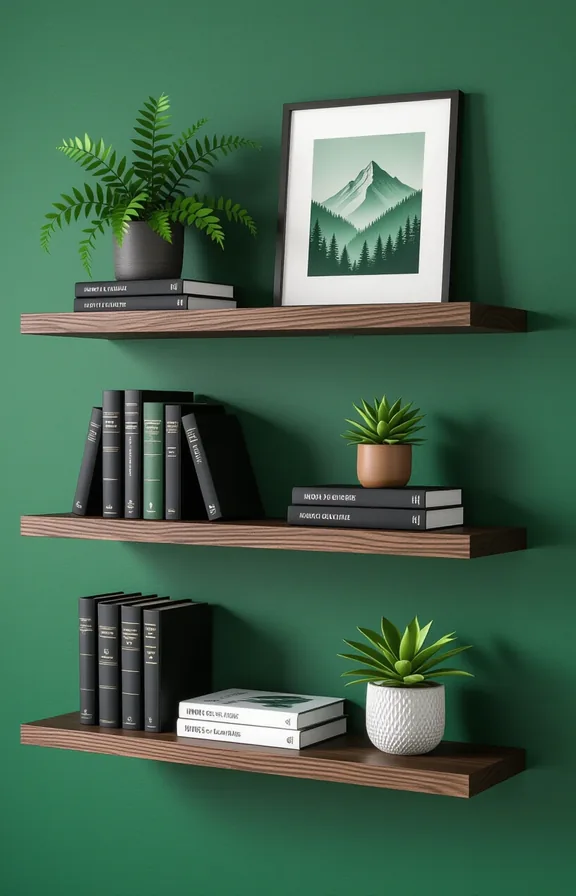 set three dark wood floating shelves arranged asymmetrically