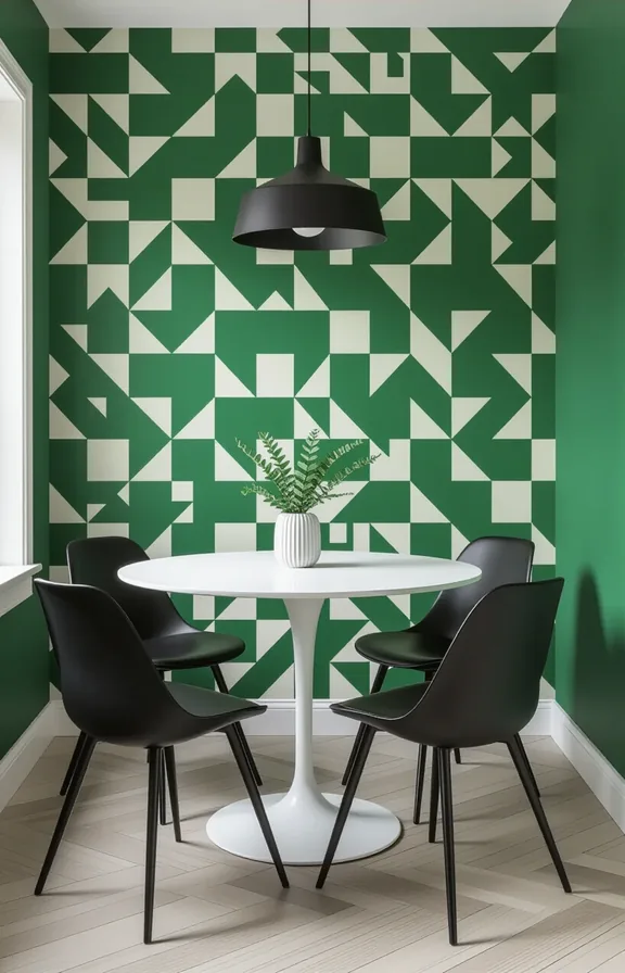 forest green geometric patterned peel-and-stick wallpaper applied one