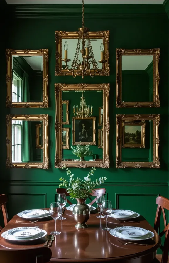 Medium shot dining room wall covered arrangement antique-style